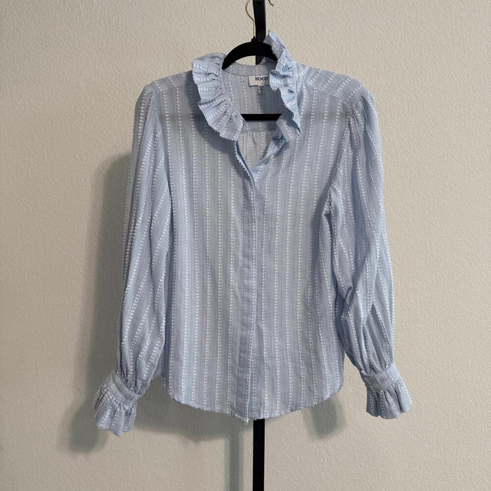 KOCH EMBROIDERED STRIPED RUFFLE COLLAR & SLEEVE BLOUSE - SIZE SMALL